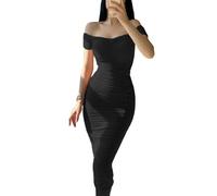 MeeQee Robe Femme Sexy Froncée Midi Bodycon Robes à Manches Courtes Épaules Dénudées Elégant Robes Longue Moulante D'éte Chic Slim Fit Robe Crayon de Soirée Streetwear pour Cocktail Fête Clubbing