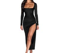 MeeQee Robe Femme Sexy Maxi Robe à Manches Longues Moulante avec Fendue Chic et Elégant Couleur Unie Bodycon Robes Froncée col Carré Longue Clubbing Robes de Soirée pour Cocktail Party Nuit Bal