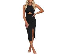 MeeQee Robe Femme Sexy sans Manches Col Rond Robe Moulante Chic et Elégant Midi Débardeur Robes de Soirée D'éte Casual Bodycon Wrap Robes avec Fendue pour Cocktail Fête Club