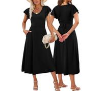 MeeQee Robe Longue Femme D'été Col en V Manches à Volants Robe de Plage Casual Chic et Elegant Taille Haute Couleur Unie Robes Décontractée Lâche Maxi Robes avec Poches