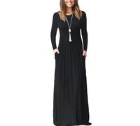 MeeQee Robe Longue Femme Maxi Robe à Manches Longue Col Rond Décontractée Lâche d'automne d'hiver Robes Longues Elegant Couleur Unie Maxi Robes avec Poches