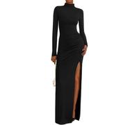 MeeQee Robe Longue Femme Sexy à Manches Longues Bodycon Maxi Robes avec Fendue Longue Moulante Elégant Col Roulé Robe de Soirée Elasticité Taille Haute Robes pour Cocktail Bal Casual Party