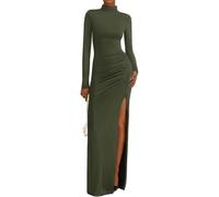 MeeQee Robe Longue Femme Sexy à Manches Longues Bodycon Maxi Robes avec Fendue Longue Moulante Elégant Col Roulé Robe de Soirée Elasticité Taille Haute Robes pour Cocktail Bal Casual Party