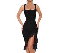 MeeQee Robe Moulante Bretelles Sexy Midi Robe sans Manches Élégante Ourlet à Volants Bodycon Robes Froncée col Carré Clubbing Robe de Soirée Noir Fête Cocktail Débardeur Tulle Robe