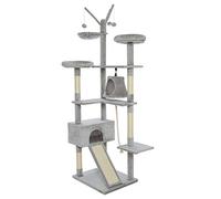 Meerveil Arbre à Chat, Arbre a Chat Geant Stable, Hauteur 210cm, avec Centre d'activités, 2 Plate-Formes, 2 Niches, 1 Planche à Griffer, 3 Pompons, 4 Griffoirs, Multi-Niveaux, Gris Clair