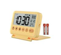 MeesMeek Réveil de Voyage - rétroéclairage à 2 Niveaux, 2 volumes, 12/24h, Calendrier, température, Mode Week-End, répétition, Couverture Pliable, Petite Horloge numérique (Jaune)