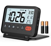 MeesMeek Réveil de Voyage - rétroéclairage à 2 Niveaux, 2 volumes, 12/24h, Calendrier, température, Mode Week-End, répétition, Couverture Pliable, Petite Horloge numérique (Piles AAA incluses)