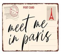 Meet Me In Paris Eiffel Tower Postcard Metal Sign 12x8 Inch | Rust aluminum tin pre drilled holes for kitchen wall indoor