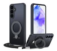 Meeter Coque Collier pour Samsung Galaxy A55 5G avec Support, MagSafe Compatible Étui Kickstand avec Cordon, PC Dur Housse Arrière Mat Translucide Protection Case avec Anneau Ajustable Rolatif, Noir