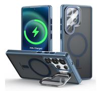 Meeter Coque pour Samsung Galaxy S25 Ultra avec Magnétique, pour MagSafe Compatible Étui Rotatable Kickstand, Protection Objectif en Verre Trempé avec Support Caméra Caché, Housse à Dos Mat, Bleu