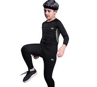 MeetHoo Ensemble de sous-vêtement Thermique Enfant T-Shirt Manches Longues+Caleçon Long Hiver Ski Sport pour Garçon (8-16 Ans),S/135-145cm,Noir