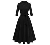 Meetjen Robe Cocktail Élégante Femme Manches Longues Ajustée Et Évasée Robes Midi Modeste pour Église Ou Soirée Noir M