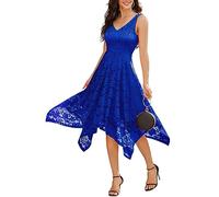 Meetjen Robe Soirée Encolure V Dentelle sans Manches Soiree Taille Haute Invitée Bleu Royal M