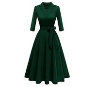 Meetjen Robes Portefeuille Midi Évasée Ligne A pour Invitée De Mariage Cocktail Thé Manches Trois Quarts Semi-Formale Vert foncé L