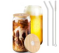 MEETOZ Lot de 2 Tasses en Verre Fin de 500 ML avec couvercles en Bambou et pailles en Verre, Ensemble de Tasses en Verre réutilisables en Forme de canette, pour Smoothies, bière, cola, jus, Soda