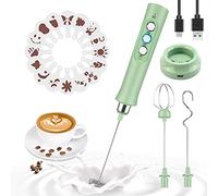 MEETOZ Mousseur à lait silencieux à main, rechargeable par USB, 3 fouets en acier inoxydable (16 pochoirs gratuits) (vert)