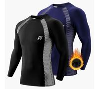 MEETWEE Tee Shirt Thermique Homme, Manche Longue Maillot de Compression Base Layer sous-Vêtements Thermique pour Sports Ski Running, Lot de 2, Noir et Bleu, Taille L