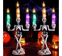 MEETYAMOR Lot de 2 chandeliers d'Halloween en forme de tête de mort avec lumières LED pour décoration de maison hantée effrayante, bougeoirs à piles pour table, fête à la maison