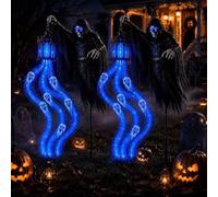 MEEVINWH Halloween Soul Harvester Animated Garden Light, Glowing Ghost | Solar Powered Grim Reaper Lawn Stake with Flowing Blue LED Soul Effect,Waterproof Spooky Light for Yard, Pathway & Graveyard