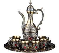 MeevrgR Distributeur d'alcool classique en alliage de bronze avec 6 verres et plateau de service, design élégant en relief pour bar à domicile et dîners (rouge bronze)