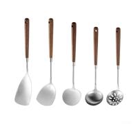 MeevrgR Ustensiles de cuisine en acier inoxydable - 5 pièces - Manche en bois de noyer - Outils de cuisine avec cuillère à soupe, spatule et pelles, résistant à la rouille, argenté et marron