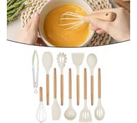 MeevrgR Ustensiles de cuisine en silicone avec poignées en bois, anti-adhésifs, sans danger, comprenant spatule, cuillère, pince, fouet pour cuisson à haute température, crème (repose-cuillère)