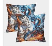MEFESE Dragon Bleu Tigre Blanc Housse de Coussin Impression 3D Lot de 2 Housse de Coussin en Microfibre pour Adultes Canapé Chambre 40x40cm