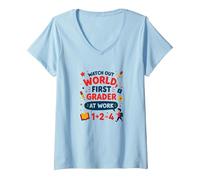 Méfiez-Vous de la première année Mondiale au Travail T-Shirt avec Col en V, Femme, Bleu Céleste, S