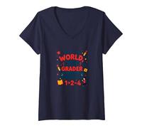 Méfiez-Vous de la première année Mondiale au Travail T-Shirt avec Col en V, Femme, Bleu Marine, M