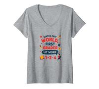 Méfiez-Vous de la première année Mondiale au Travail T-Shirt avec Col en V, Femme, Gris Chiné, XL