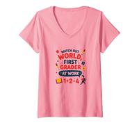 Méfiez-Vous de la première année Mondiale au Travail T-Shirt avec Col en V, Femme, Rose, S