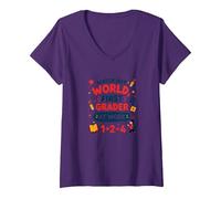 Méfiez-Vous de la première année Mondiale au Travail T-Shirt avec Col en V, Femme, Violet, XXL