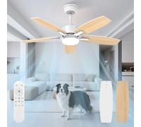 Mefine Silencieux Ventilateur Plafond avec Lumiere et Telecommande, 106cm Dimmable Lampe Ventilateur Plafond LED avec 5 Pales Doubles, Bois Clair/Blanc pour Chambre, Salon, Minuterie, 6 Vitesses