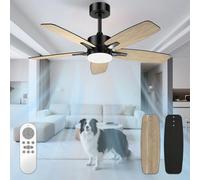 Mefine Silencieux Ventilateur Plafond avec Lumiere et Telecommande, 106cm Dimmable Lampe Ventilateur Plafond LED avec 5 Pales Doubles, Noir/Effet Bois pour Chambre, Salon, Minuterie, 6 Vitesses