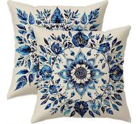 Mefooge du Printemps Housse Coussin 45x45cm Vintage Decoratif Housse Coussin,Lin Taie Oreiller Bleu Double Face Impermé,Lot de 2 avec Fermeture éclair Invisible,pour Salon Chambre Decor-D745