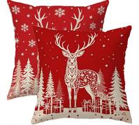 Mefooge Hiver Housse Coussin 55x55cm Decoratif Housse Coussin Noël,Lin Taies d'oreillers Lot de 2,Rouge Taie Oreiller Double Face Impermé avec Fermeture éclair Invisible pour Salon Chambre Decor H366