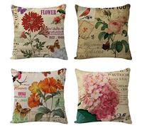 Mefooge Housse Coussin 40x40cm Lot de 4 Housses de Coussin Fleur Vintage Double Face Housses de Coussin Lin Taie d'oreiller pour Canapé Lits Chaises D'extérieur Voiture Salon Maison Décor