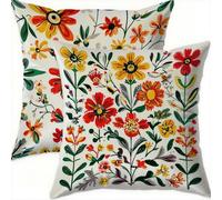 Mefooge Lot de 2 Housse Coussin 65x65cm Rouge Carré Velours Double Face Impermé Decoratif Housses de Coussin avec Fermeture éclair Invisible Fleur Taie Oreiller pour Patio Canape Balcon Decor，A-693