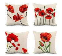 Mefooge Lot de 4 Housses de Coussin 35x35cm Fleurs Rouges Canapé Housses de Coussin Decoration en Lin Carré Taie d'oreiller Decoration pour Canapé Salon Chambre taie Oreiller d'Extérieur