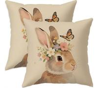 Mefooge Printemps Housse Coussin 45x45cm Pâques Decoratif Housse Coussin,Lin Taie Oreiller Brun Double Face Impermé,Lot de 2 d'oreillers avec Fermeture éclair Invisible pour Salon Chambre Decor F768