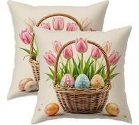 Mefooge Printemps Housse Coussin 75x75cm Pâques Decoratif Housse Coussin,Lin Taie Oreiller Fleur Double Face Impermé,Lot de 2 d'oreillers avec Fermeture éclair Invisible pour Salon Chambre Decor F548