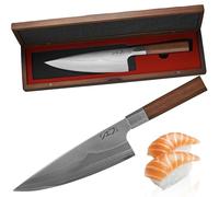 MEG Couteau de Chef Japonais Gyuto - Lame Damas 7 couches, tranchant en V professionnel 12-15°, manche bois de séquoia rouge et coffret en acacia - Couteau de Cuisine Premium