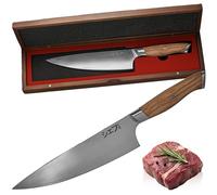 MEG Couteau de Chef Japonais Gyuto - Lame Damas Construction San Mai 3 couches tranchant en V pro 12-15°, manche en bois d’olivier ergonomique, coffret bois d’acacia - Couteau de Cuisine Premium