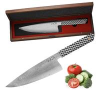 MEG Couteau de Chef Japonais Gyuto - Lame Damas haute teneur en carbone, tranchant en V professionnel 9-12°, manche en résine motif échiquier, coffret acacia - Couteau de Cuisine Premium