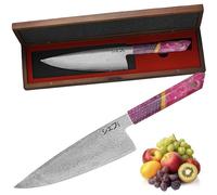 MEG Couteau de Chef Japonais Gyuto - Lame en acier damassé motif gouttes de pluie, affûtage en V professionnel 9-12°, manche en résine rose et coffret bois d’acacia - Couteau de Cuisine Premium