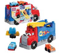 MEGA BLOKS Coffret Camion Course et Construction avec 19 pièces, 2 voitures de course et un rangement, rouge, pour les enfants à partir de 1 an, JFR29