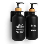 Mega Handles Lot de 2 distributeurs de savon en verre - Bouteille de shampooing et d'après-shampoing de 473,6 g - Support mural pour salle de bain ou cuisine - Pompes et plateau en bambou - Noir