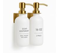 Mega Handles Lot de 2 distributeurs de savon en verre - Bouteille de shampooing et d'après-shampoing de 473,6 g - Support mural pour salle de bain ou cuisine - Pompes et plateau en bambou - Blanc et