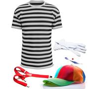 Mega_Jumble Déguisement Alice au pays des merveilles Twins Fairy Tweedle Dee or Dum - T-shirt rayé noir et blanc, chapeau d'hélicoptère, bretelles et gants, multicolore, S