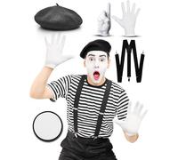 Mega_Jumble Frenchman Mime Artist Costume de Joker français pour homme - Béret, T-shirt, bretelles, gants et peinture pour le visage | Déguisement de fête à thème pour enterrement de vie de jeune